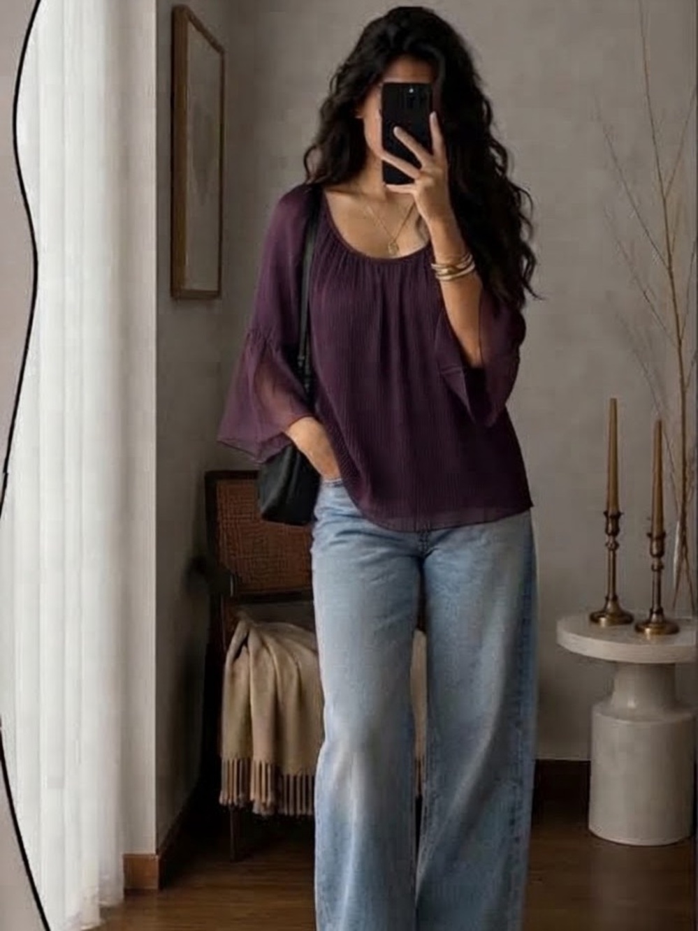 Jaeger Silk Blouse Plum Purple Bell Sleeve Scoop Neck 100% Silk US 6 UK 8